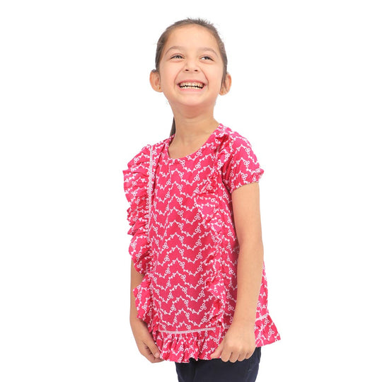 Girls Chicken Casual Top Ladder Lace - Hot Pink