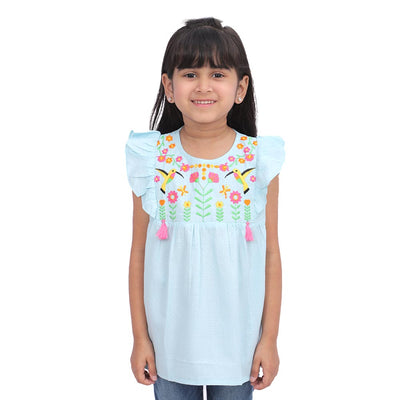 Girls Embroidered Top Exotic Bird - Blue
