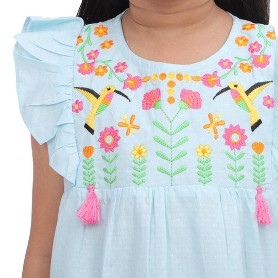 Girls Embroidered Top Exotic Bird - Blue