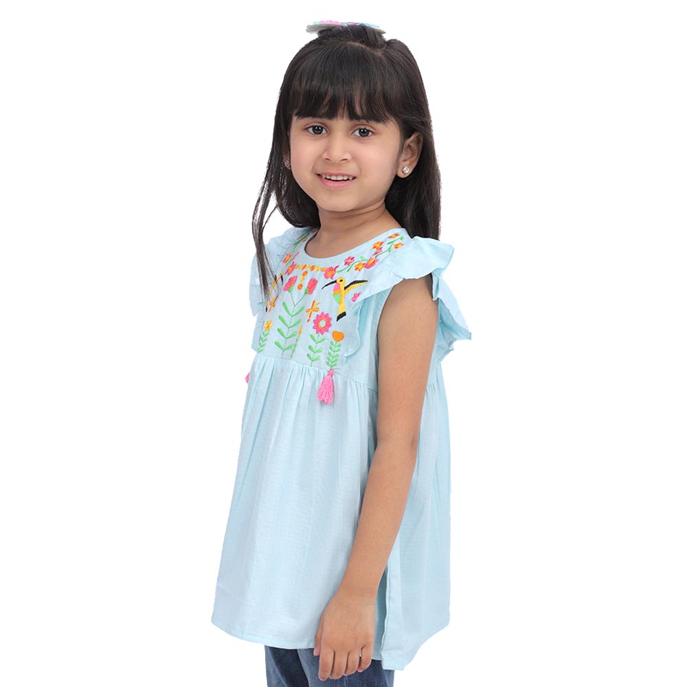 Girls Embroidered Top Exotic Bird - Blue