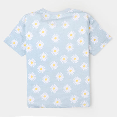 Girls T-Shirt Printed Daisy Flower - Light Blue