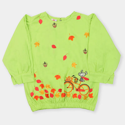 Girls Embroidered Casual Top - Green