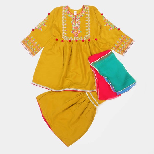 Girls 3 PCs Fancy Suit Mehfil -Mustard