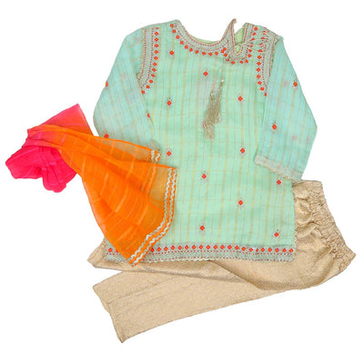 Girls 3Pcs Fancy Nawabi - Green