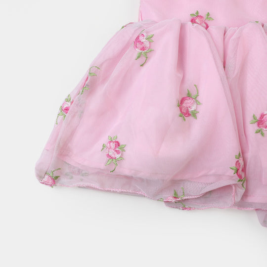 Infant Girls Net Fancy Frock Embroidered - Baby Pink