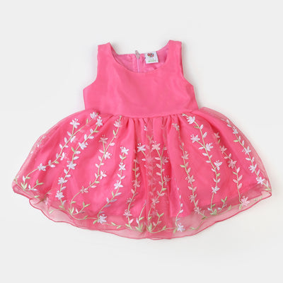 Girls Net Fancy Frock Embroidered - Hot Pink