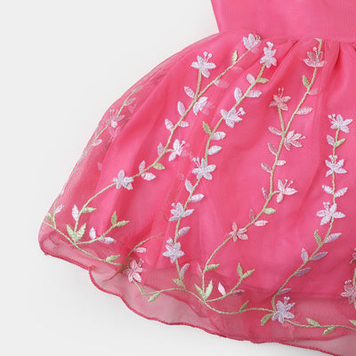 Girls Net Fancy Frock Embroidered - Hot Pink