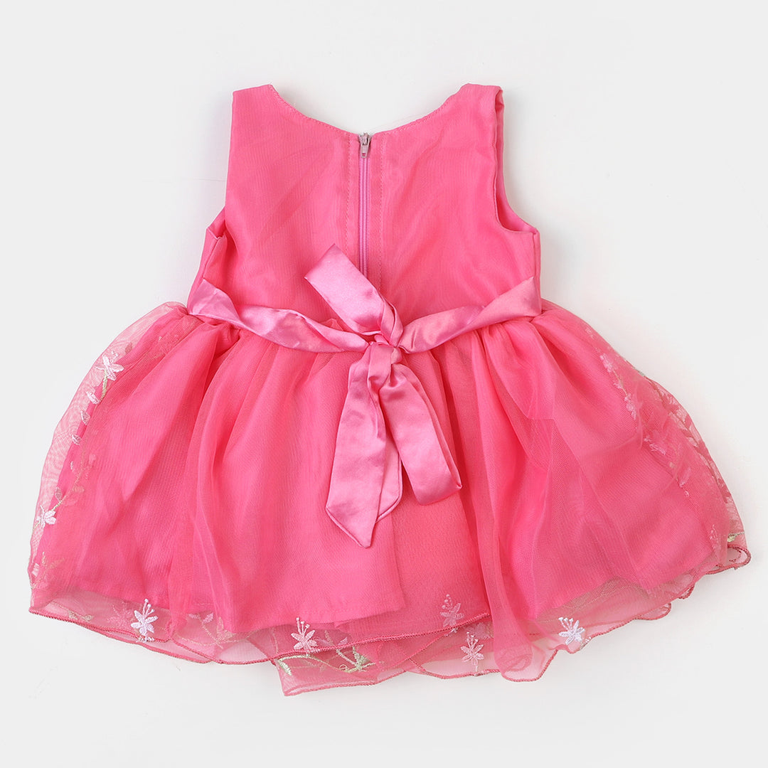 Girls Net Fancy Frock Embroidered - Hot Pink