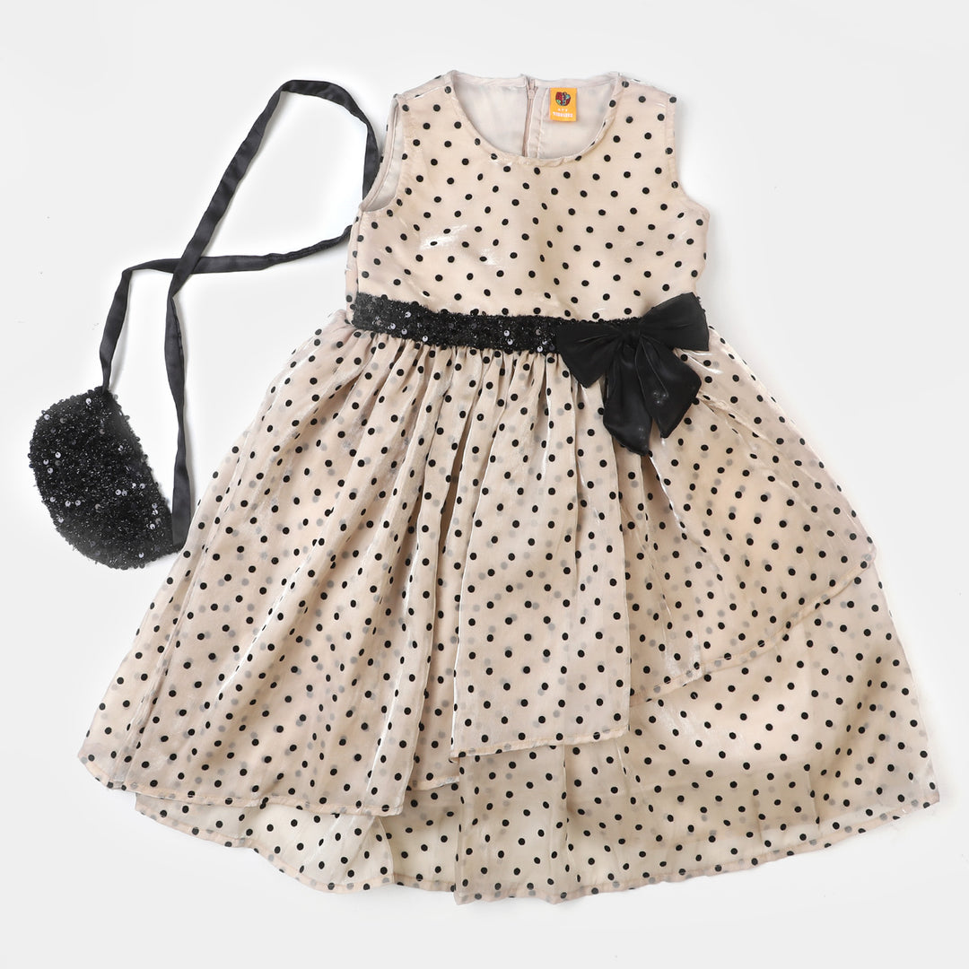 Girls Organza Fancy Frock Polka Dots With Clutch - BEIGE