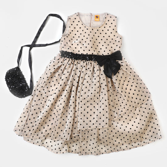 Girls Organza Fancy Frock Polka Dots With Clutch - BEIGE