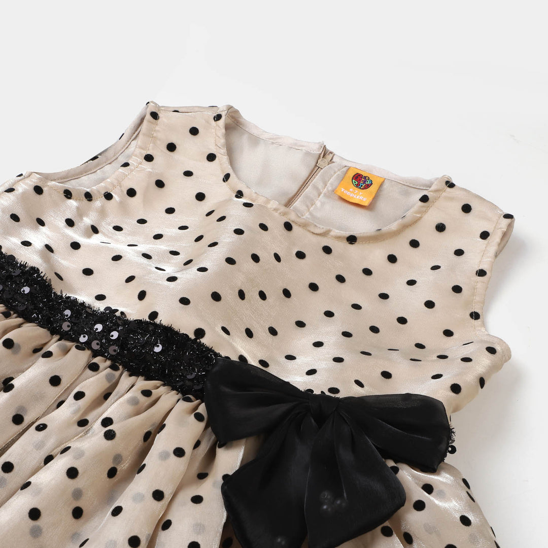 Girls Organza Fancy Frock Polka Dots With Clutch - BEIGE