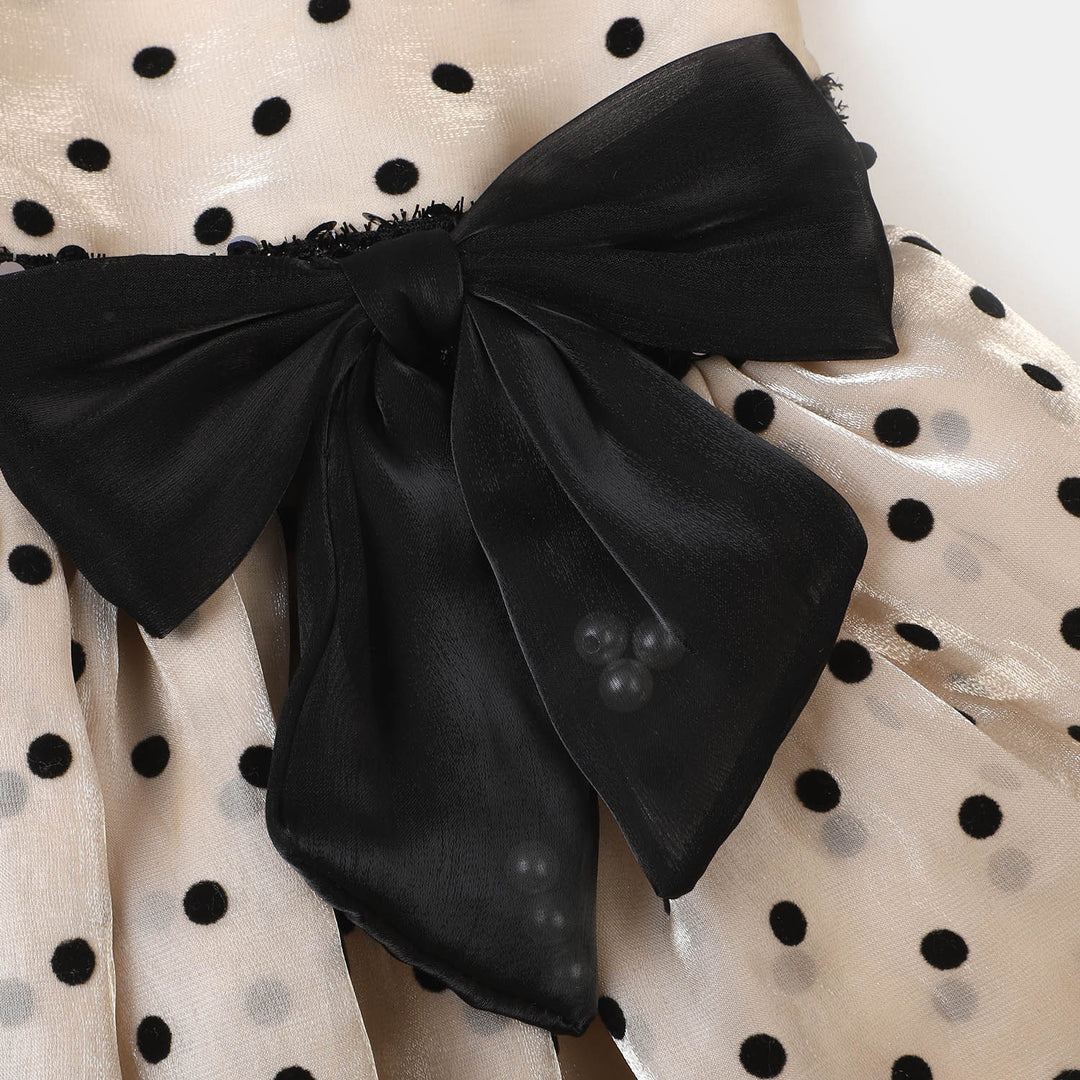 Girls Organza Fancy Frock Polka Dots With Clutch - BEIGE
