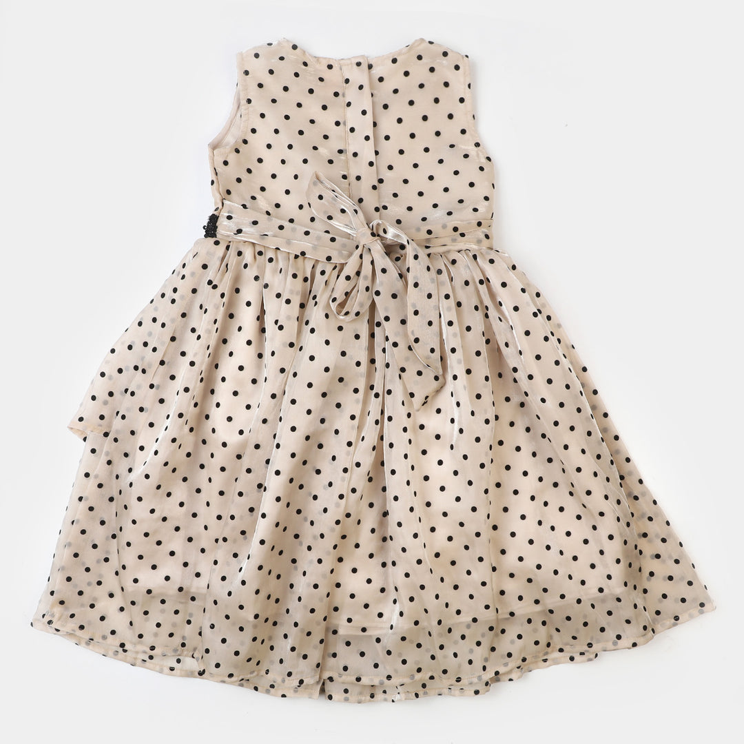 Girls Organza Fancy Frock Polka Dots With Clutch - BEIGE