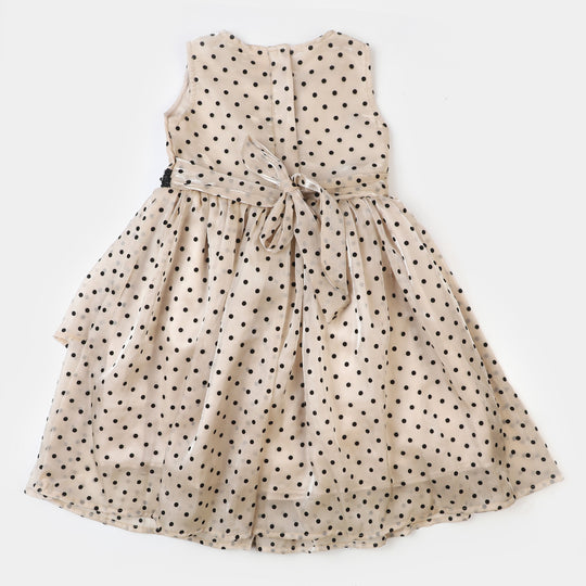 Girls Organza Fancy Frock Polka Dots With Clutch - BEIGE
