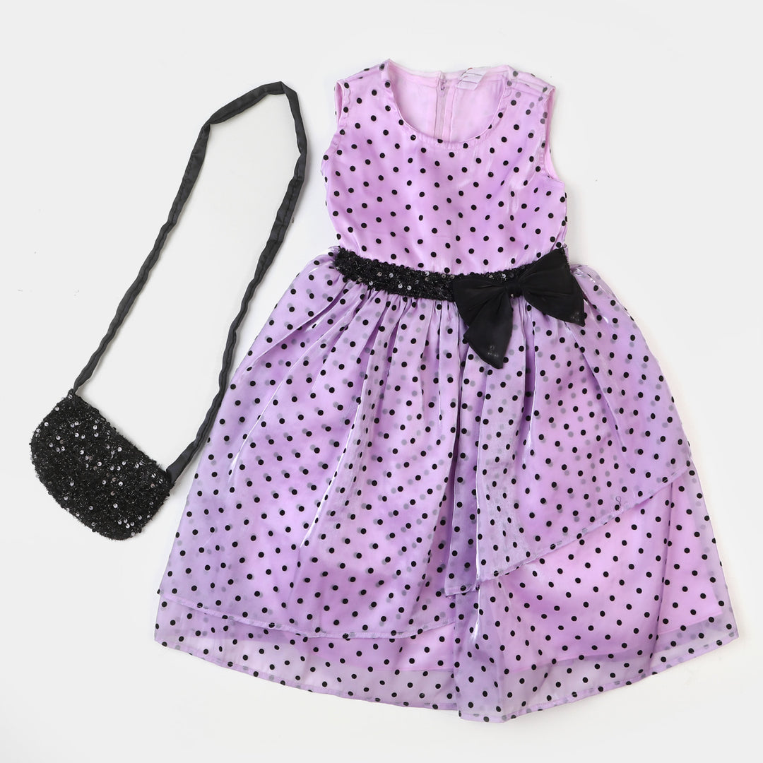 Girls Organza Fancy Frock Polka Dots With Clutch - Purple