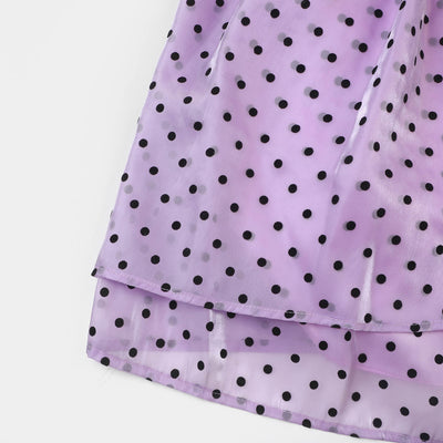 Girls Organza Fancy Frock Polka Dots With Clutch - Purple