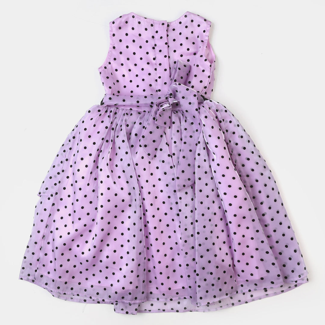 Girls Organza Fancy Frock Polka Dots With Clutch - Purple