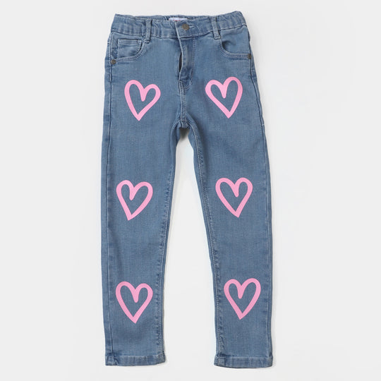 Girls Denim Pant Pink Heart - Light Blue