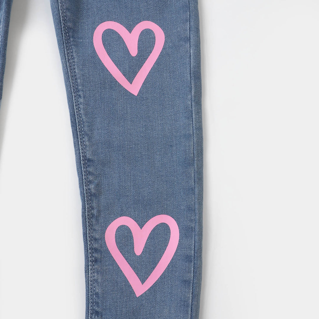 Girls Denim Pant Pink Heart - Light Blue