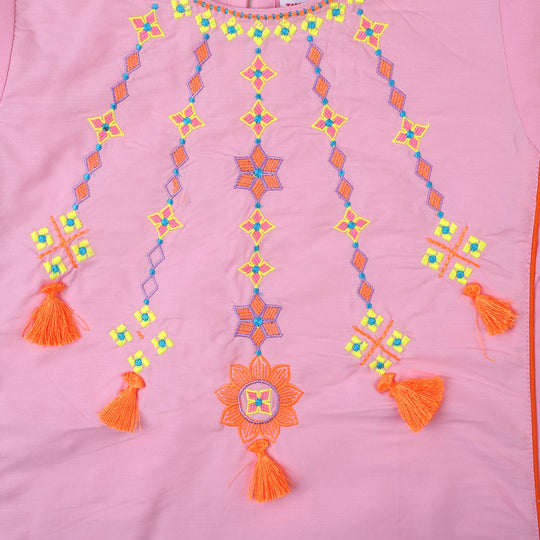 Girls Cotton Embroidered Kurti Artistic - Pink