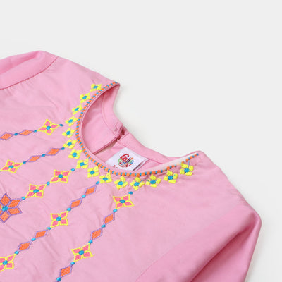 Girls Cotton Embroidered Kurti Artistic - Pink