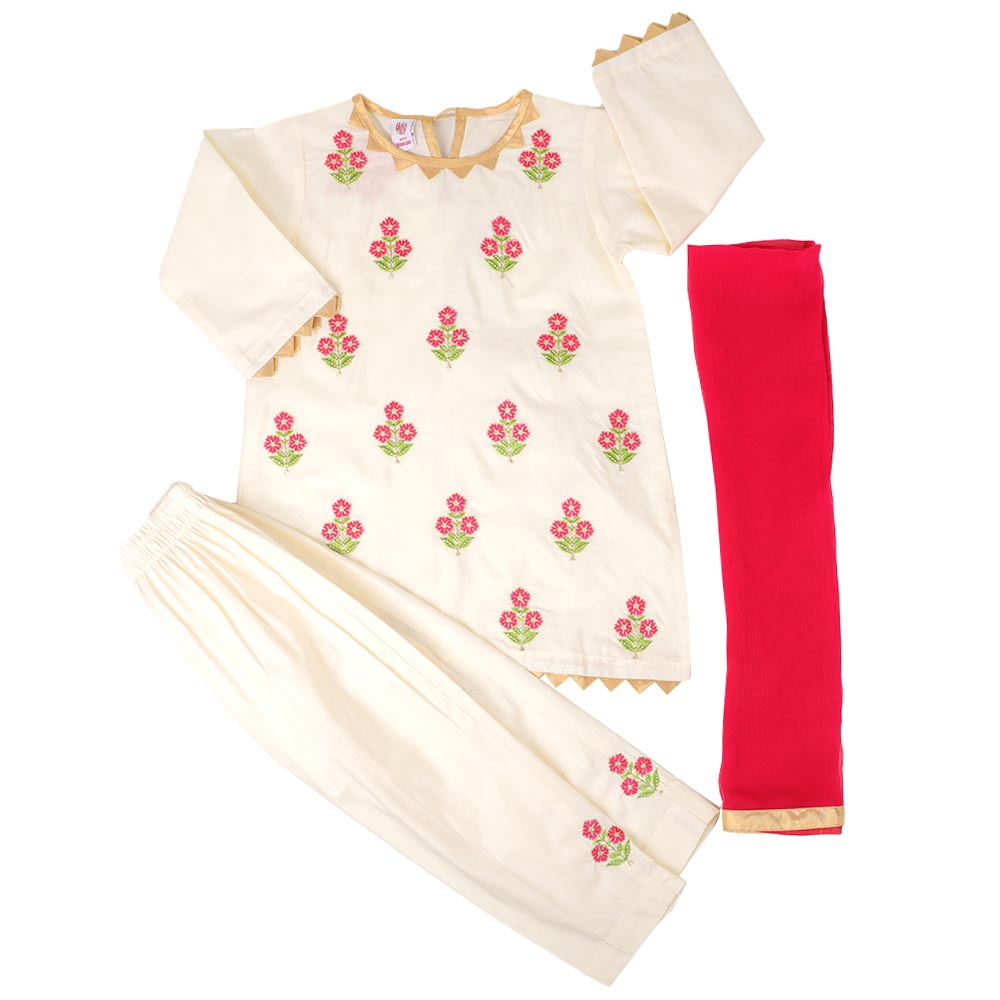 Girls 3Pcs Fancy Floral Garden - Cream
