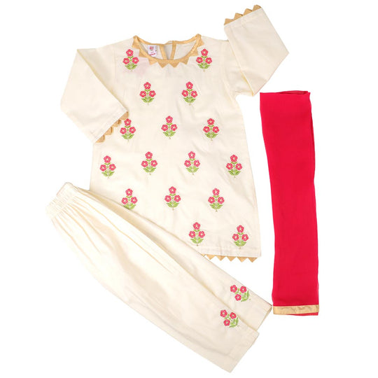 Girls 3Pcs Fancy Floral Garden - Cream