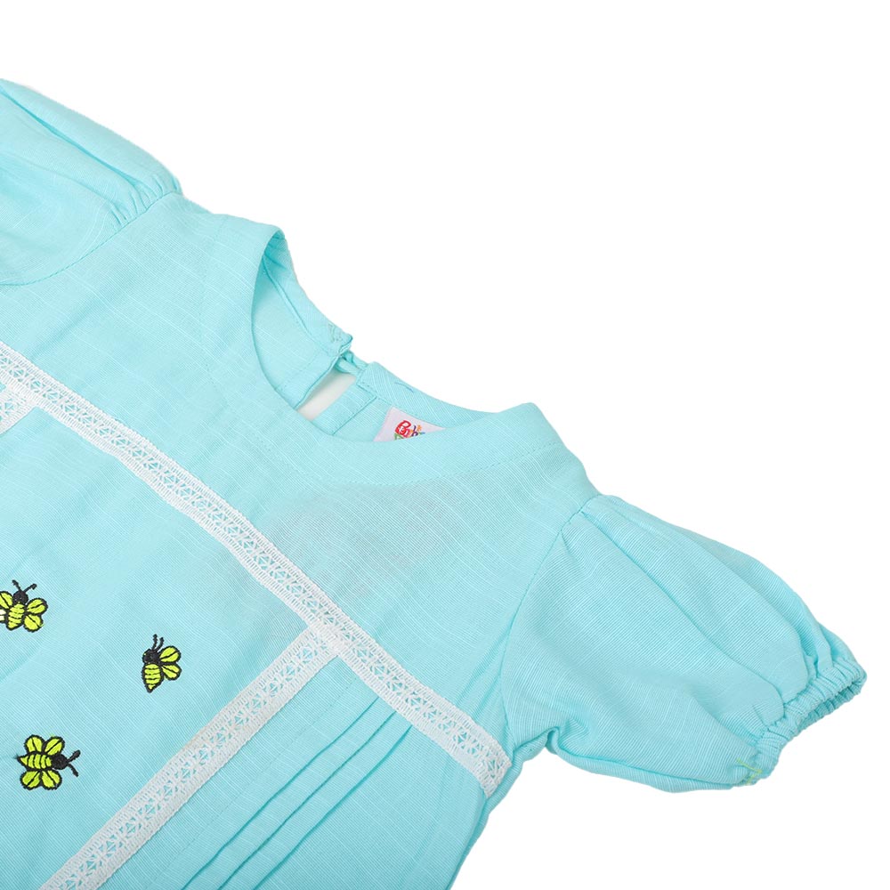 Girls Embroidered Top Bees And Flower - Aqua