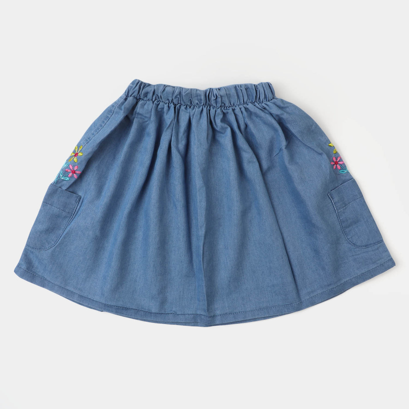 Girls Denim Skirt Pocket EMB Flower - Ice Blue