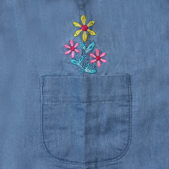 Girls Denim Skirt Pocket EMB Flower - Ice Blue