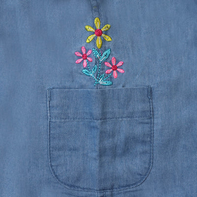 Girls Denim Skirt Pocket EMB Flower - Ice Blue