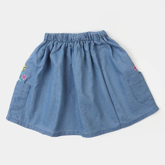 Girls Denim Skirt Pocket EMB Flower - Ice Blue