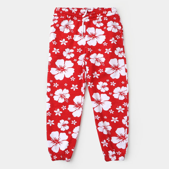 Girls Cotton Terry Pyjama Flowers - Red