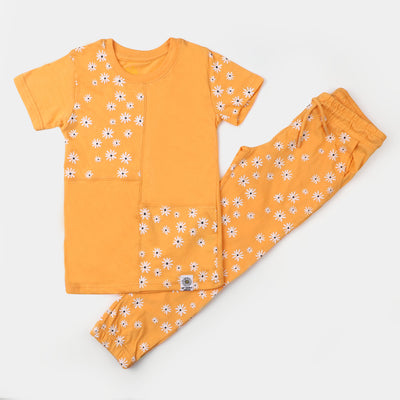 Girls Cotton 2PCs Suit Floral - Orange