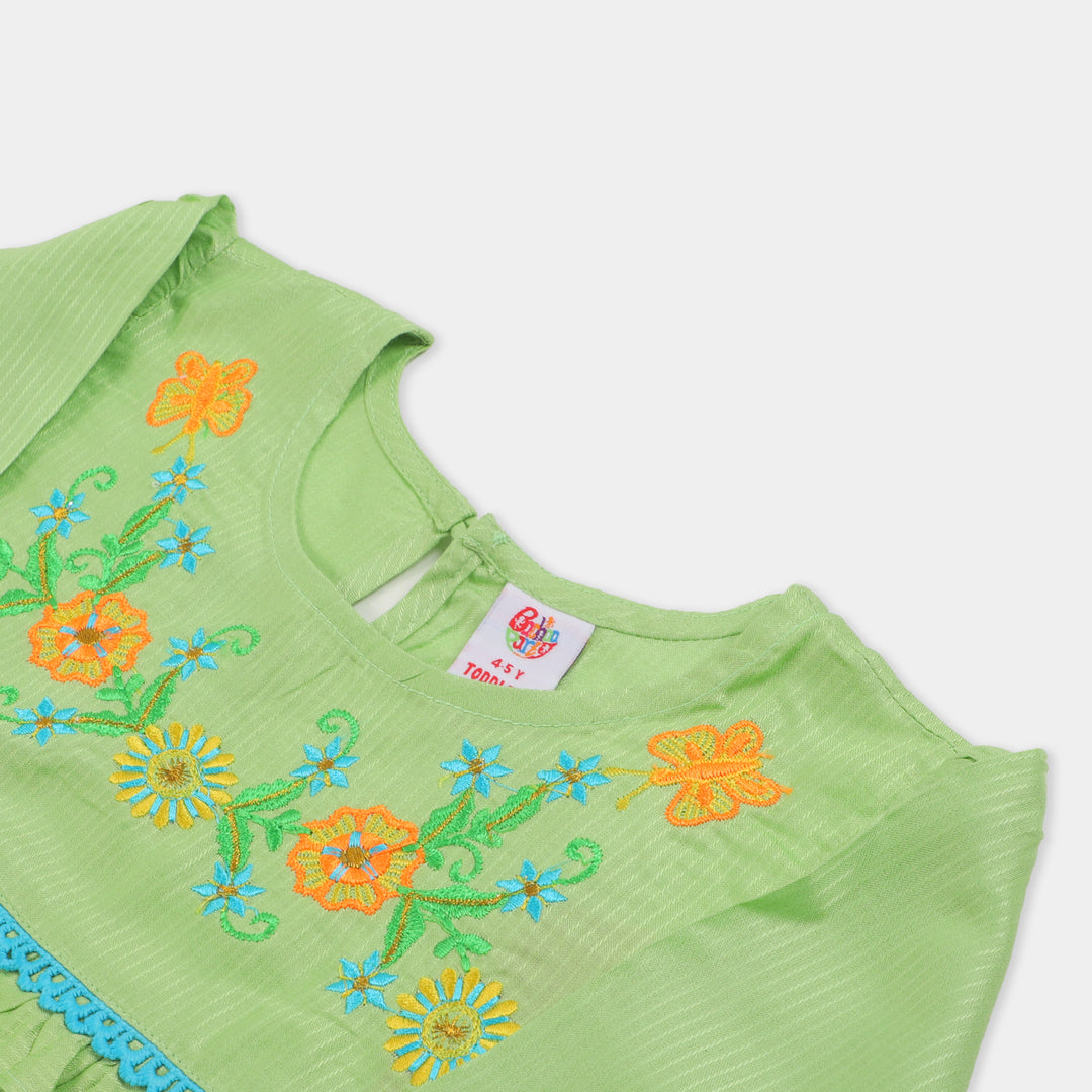 Girls Embroidered Top Flowers - Green