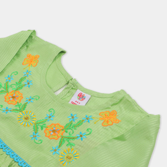 Girls Embroidered Top Flowers - Green