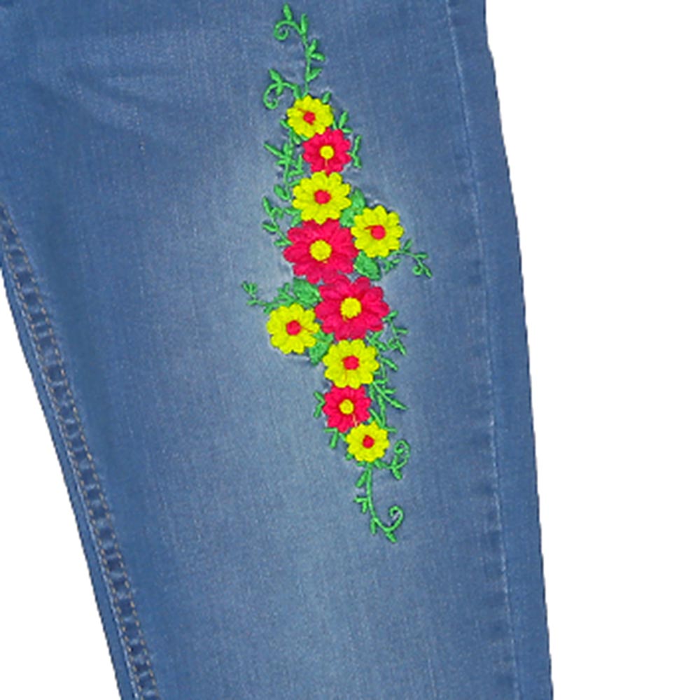 Girls Pant Denim Flower Emb Bunch - Lt.Blue