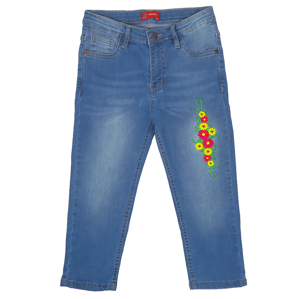 Girls Pant Denim Flower Emb Bunch - Lt.Blue