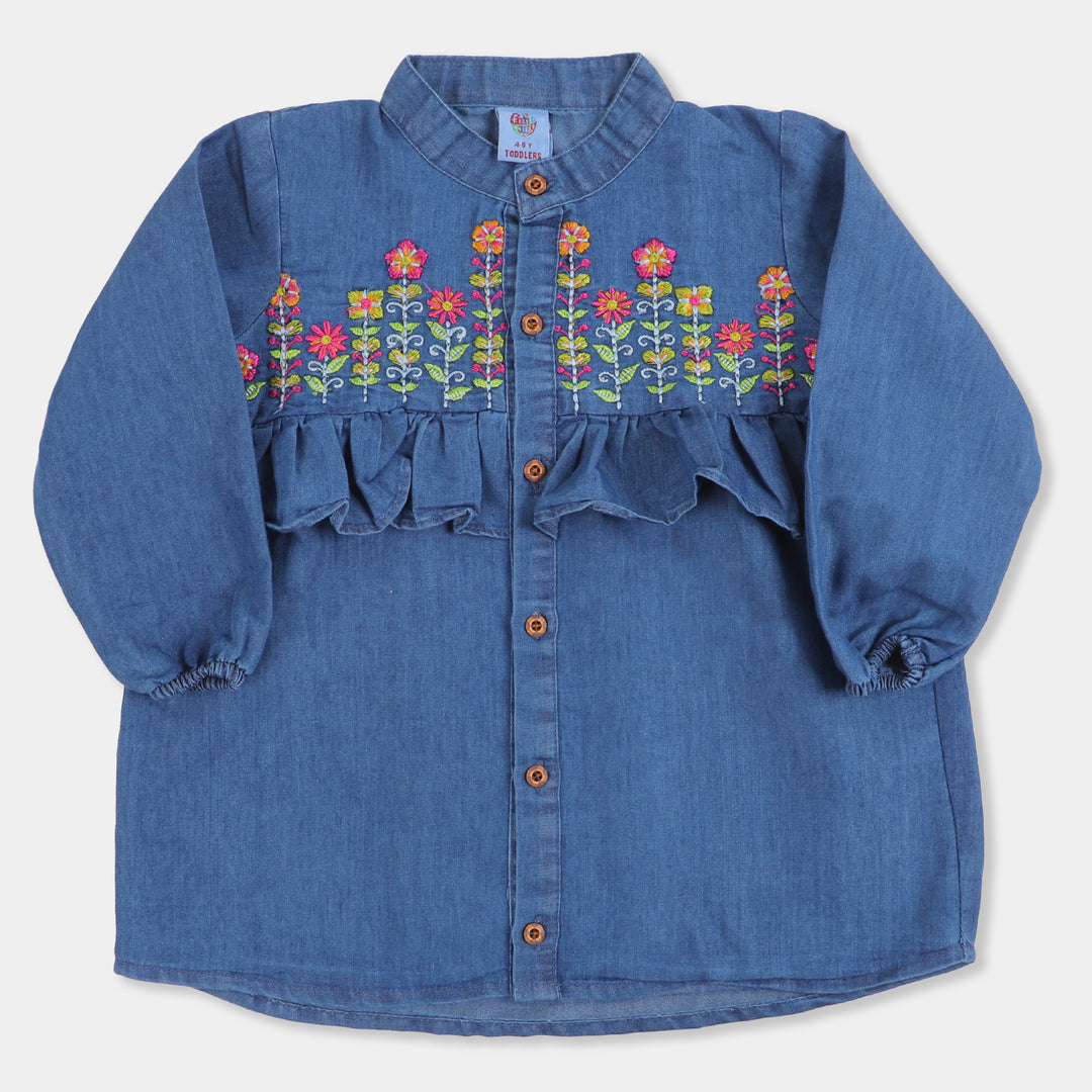 Girls Top Denim Embroidered  Flowers - Mid BLUE