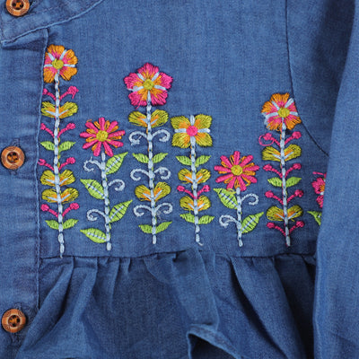 Girls Top Denim Embroidered  Flowers - Mid BLUE