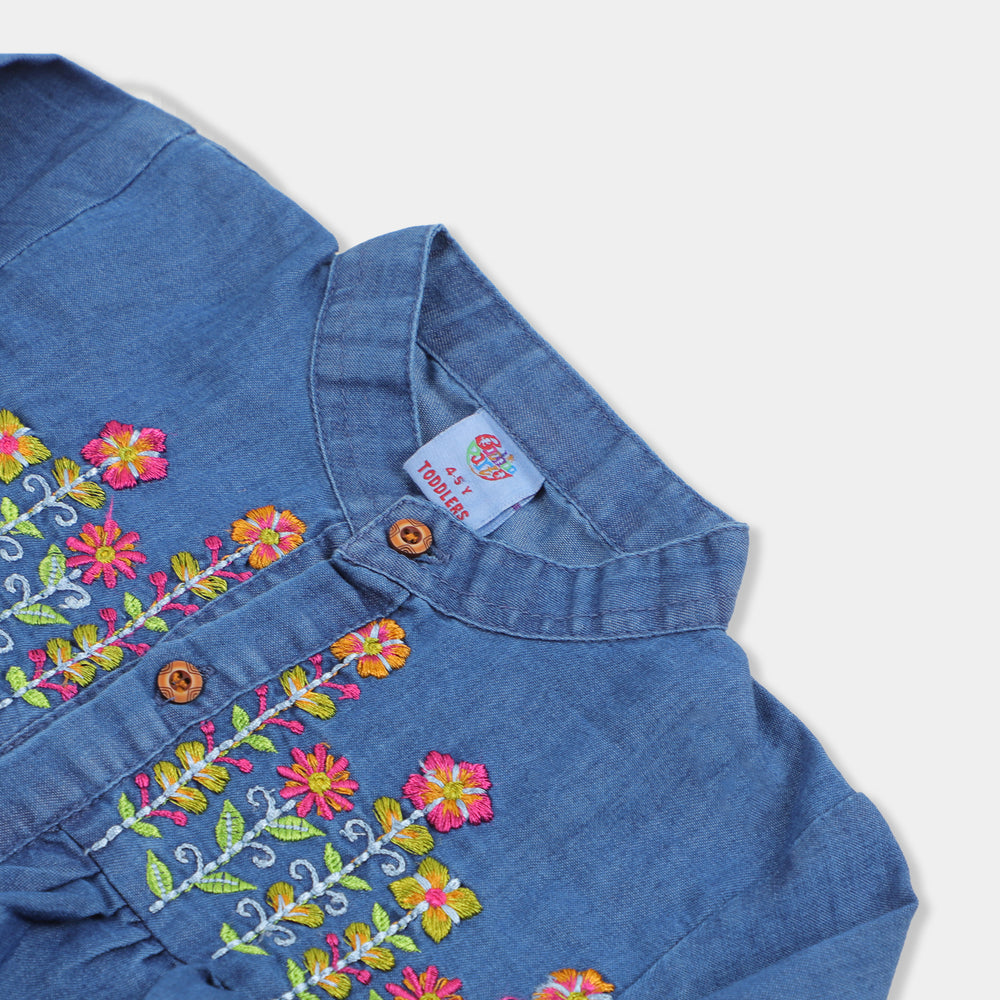 Girls Top Denim Embroidered  Flowers - Mid BLUE