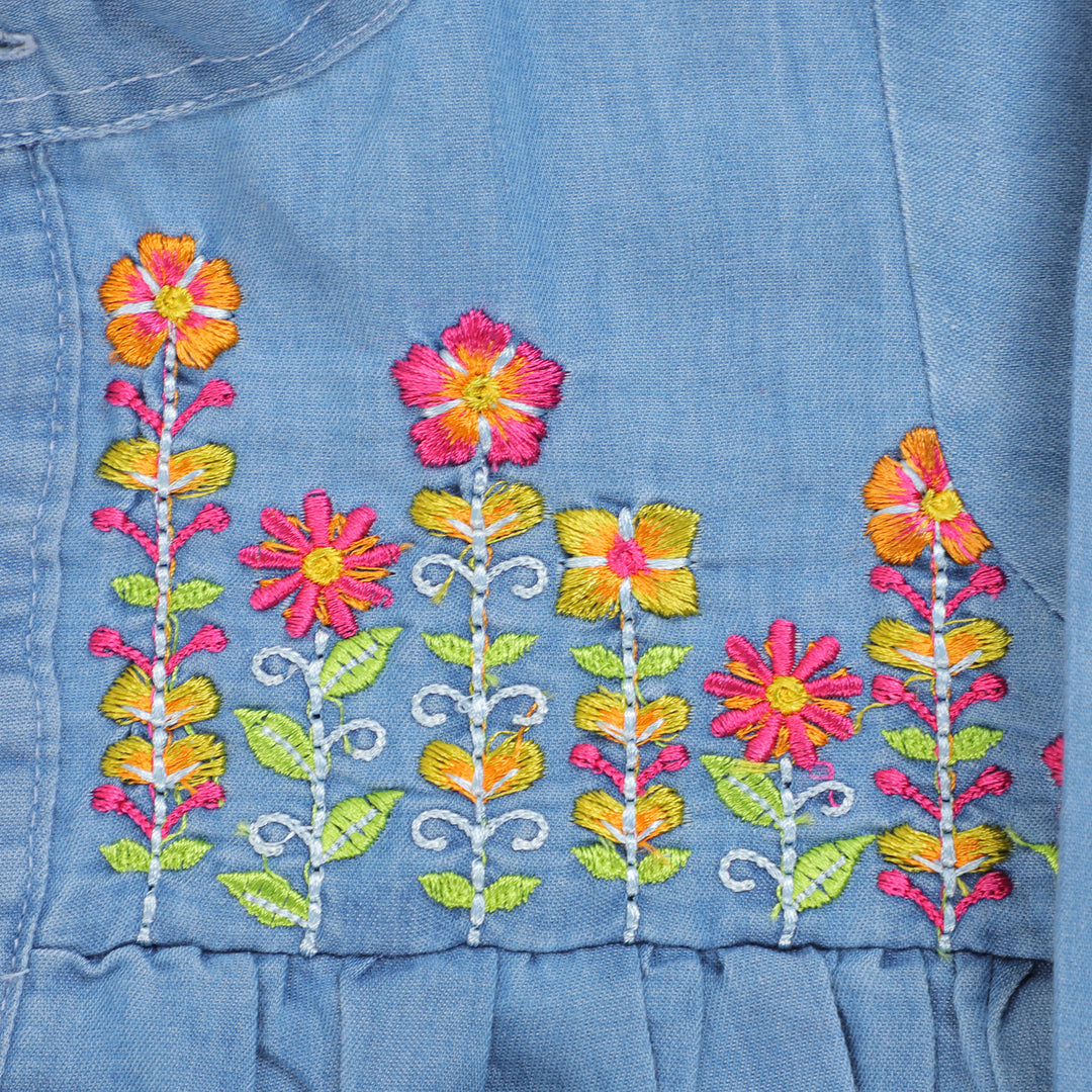 Girls Top Denim Embroidered  Flowers - LIGHT BLUE