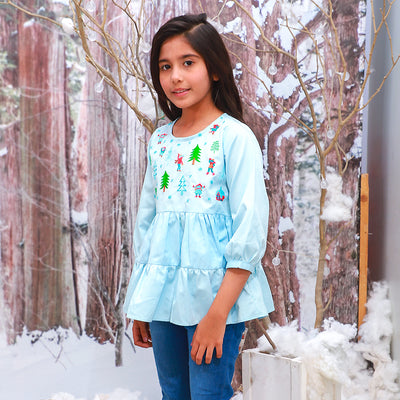 Winter Vibes Top For Girls - Sky Blue