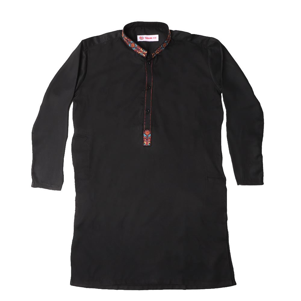 Boys Embroidered Kurta Black Elegant - Black