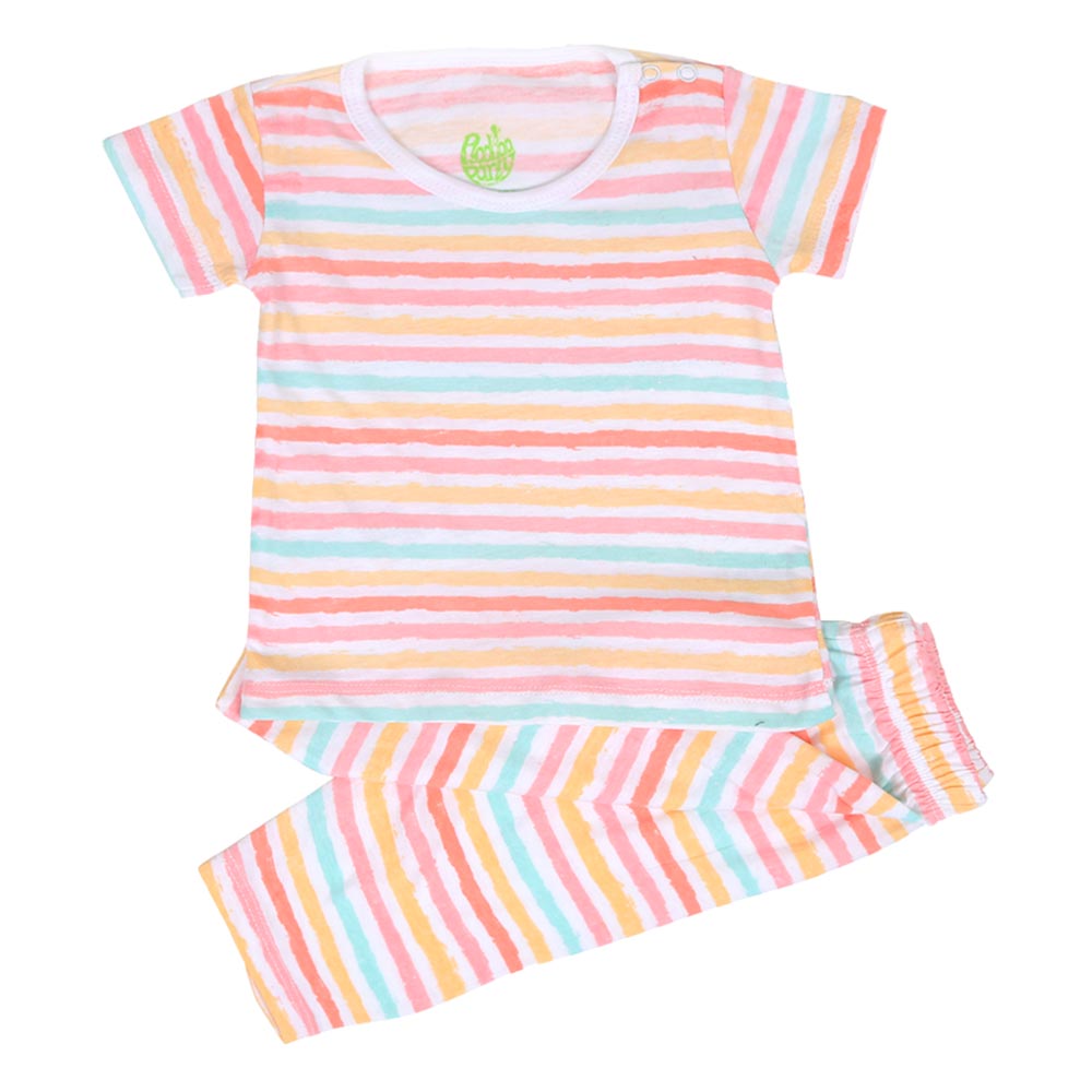 Infant Girls Knitted Night Suit Pastel Lines - White