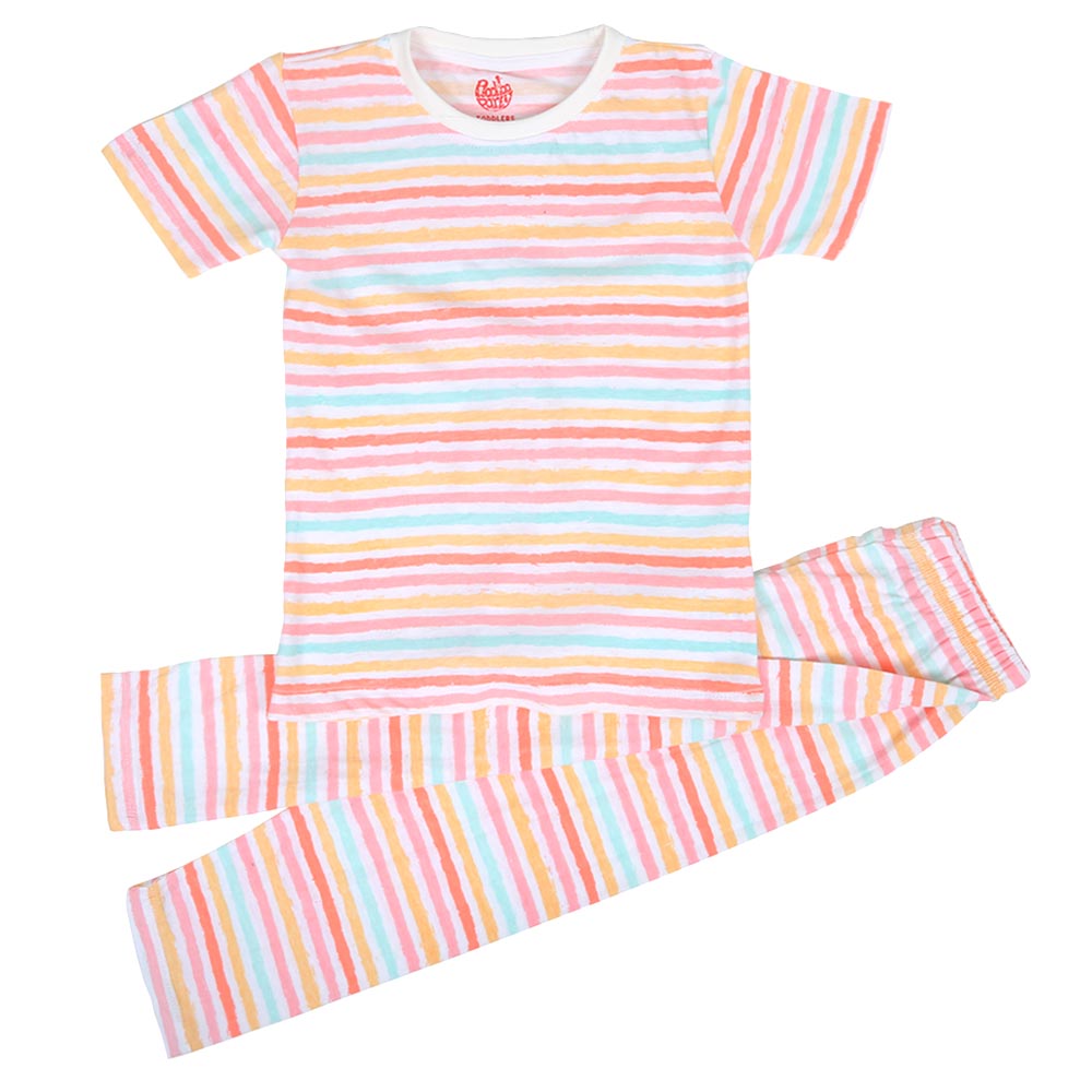 Girls Knitted Night Suit Pastel Lines - White