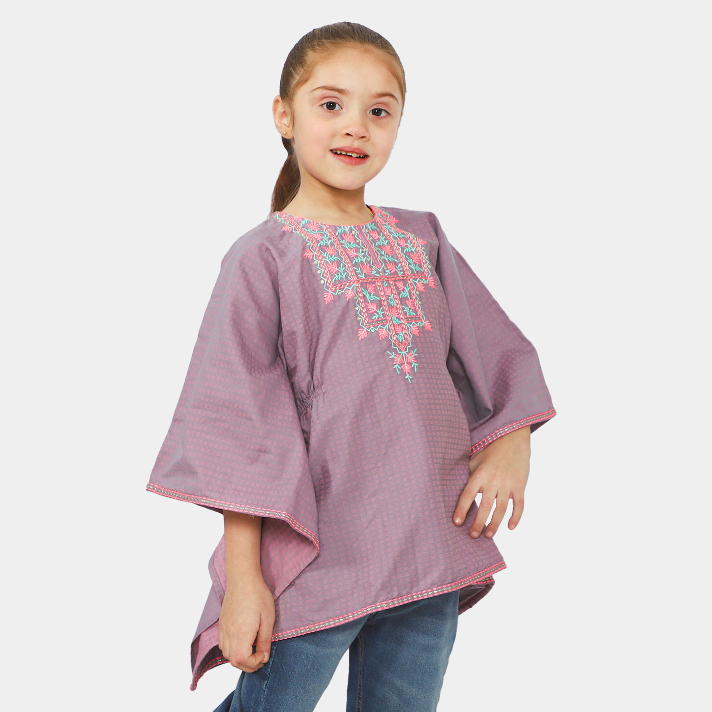 Girls Cotton Embroidered Top - Lilac