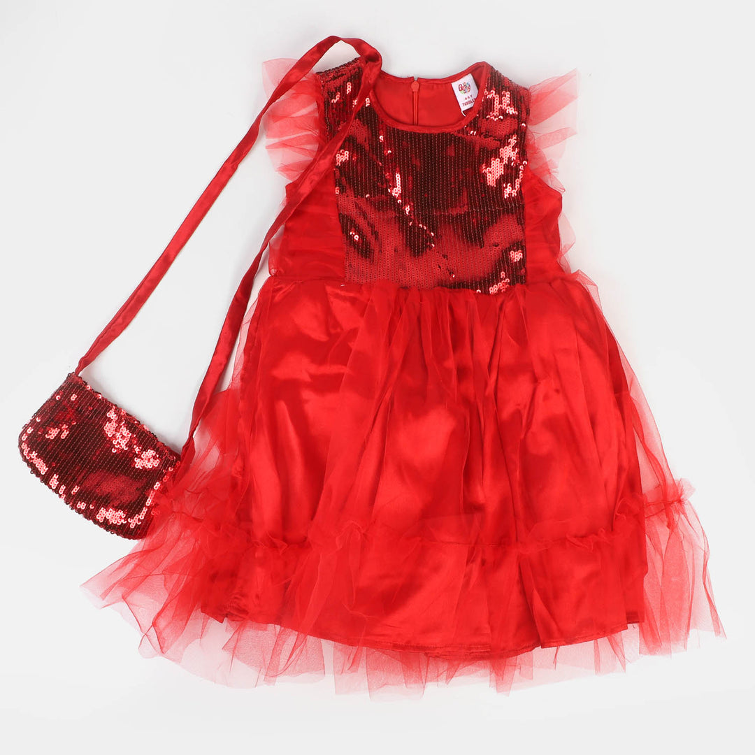 Girls Fancy Sequence Frock Rose Marie - Red