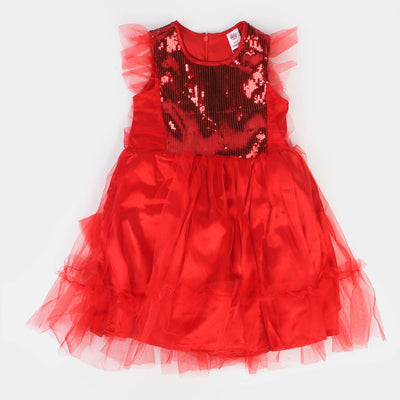 Girls Fancy Sequence Frock Rose Marie - Red