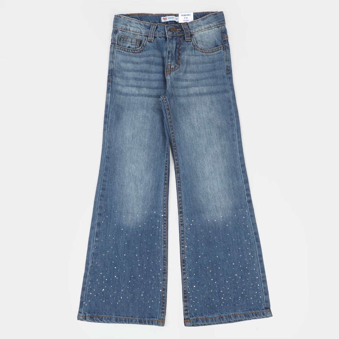 Girls Denim Pant Wide Leg  - Mid Blue